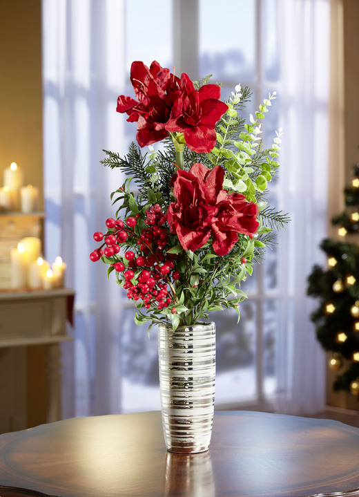- Amaryllis-Arrangement in Vase, in Farbe ROT-GRÜN-SILBER