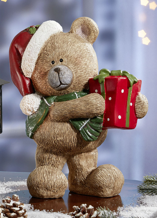 Weihnachtliche Dekorationen - Bemalter Bär aus Magnesia, in Farbe BRAUN-ROT, in Ausführung Bär mit Geschenk Ansicht 1