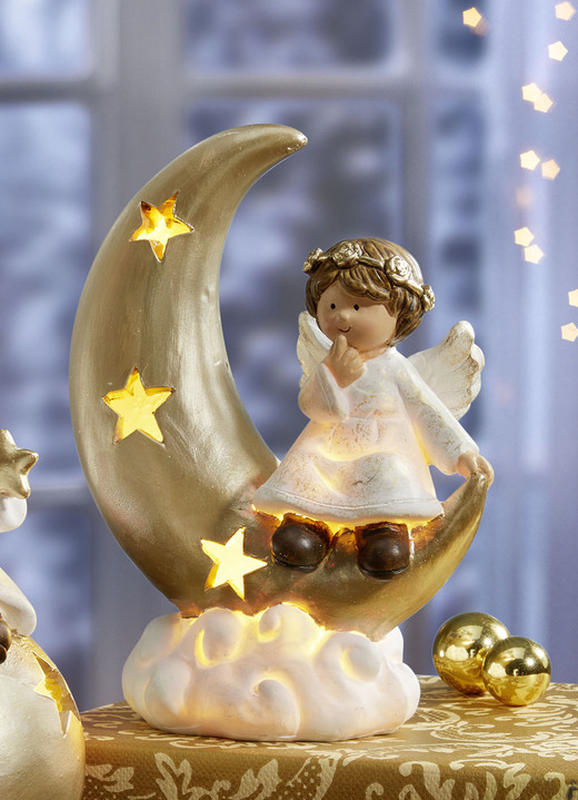 - Beleuchteter Engel aus Keramik, in Farbe WEISS-GOLD, in Ausführung Engel auf Mond Ansicht 1