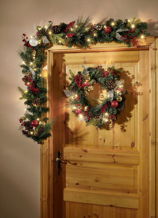 - Weihnachtliches Deko-Accessoires, in Farbe GRÜN-ROT-GOLD, in Ausführung Beleuchteter Tannenkranz - XL