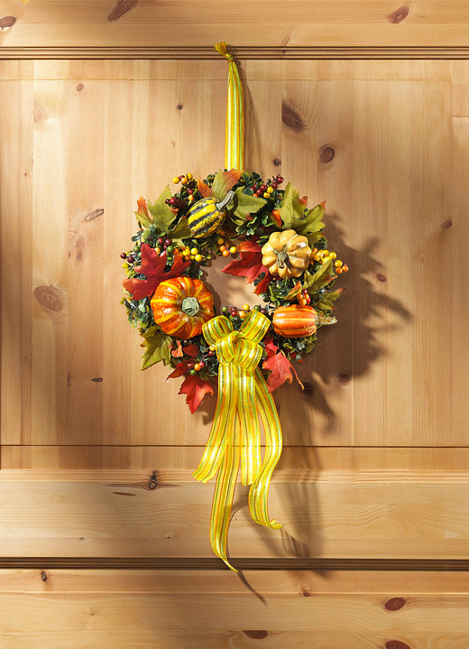 Kunst- & Textilpflanzen - Wandkranz mit bunten Blättern, Beeren und Kürbissen, in Farbe