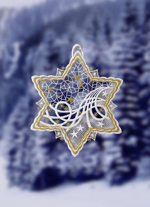 - Stern-Fensterbild aus echter Plauener Spitze, in Farbe WEISS-GOLD