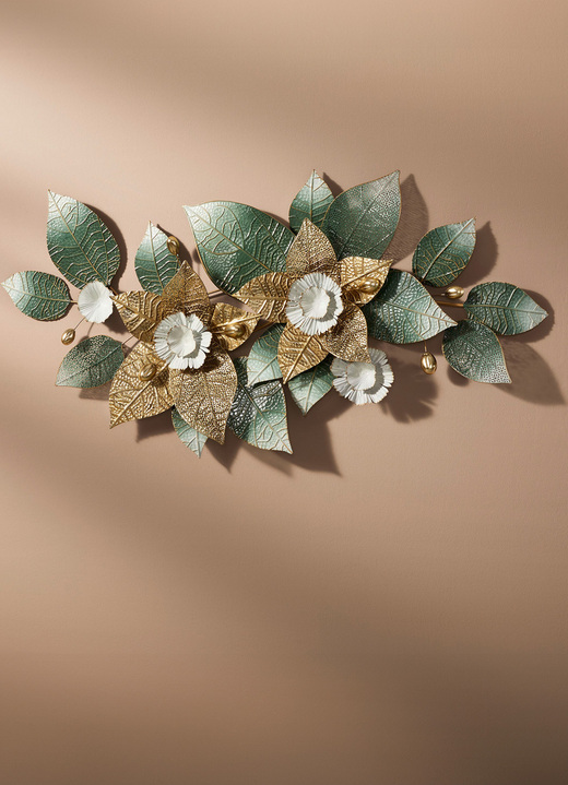 Metall-Wandbilder - Wanddekoration mit Blüten- und Blättermotiv, in Farbe GRÜN-GOLD