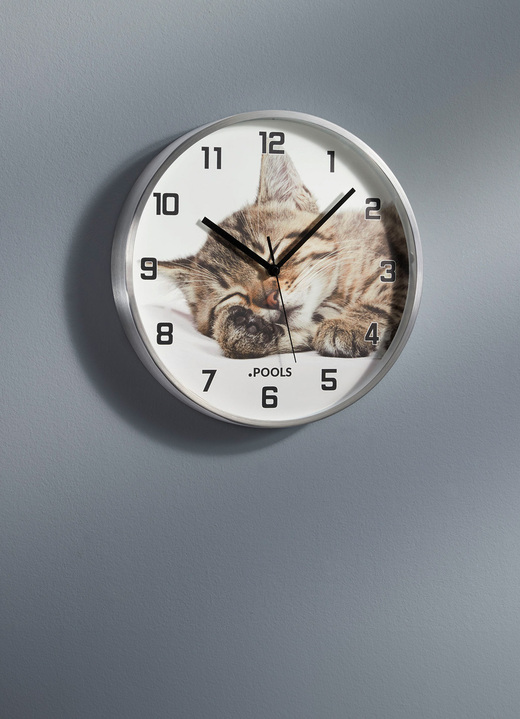 Uhren - Wanduhr Katze mit Aluminium-Gehäuse, in Farbe WEISS-SILBER
