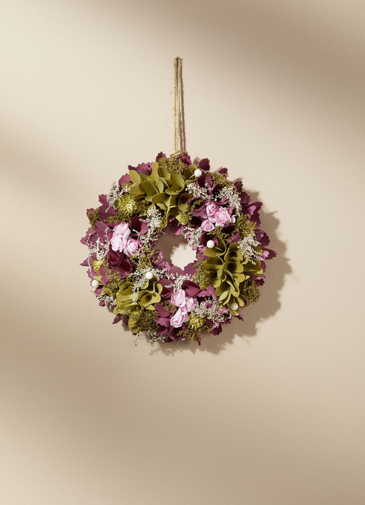 Kunst- & Textilpflanzen - Wandkranz mit verschiedenen Blüten, in Farbe ROSA-VIOLETT-GRÜN