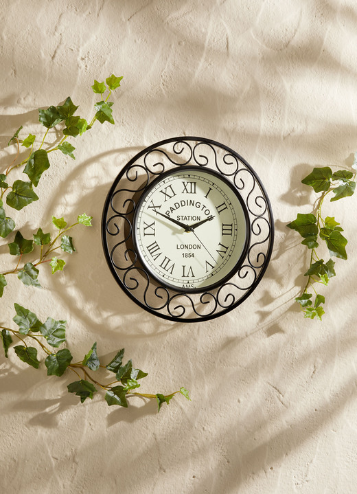Gartendekoration - Funk-Wanduhr mit Metallgehäuse, in Farbe SCHWARZ
