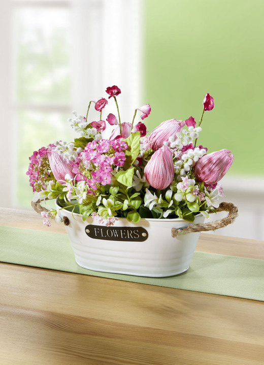 Kunst- & Textilpflanzen - Tulpen-Gesteck in Topf, in Farbe ROSA-GRÜN-WEISS