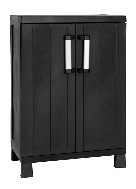 Gartenmöbel - Geräteschrank Garage mit Holzlamellen-Effekt Ansicht 2 Gartenmöbel - Geräteschrank Garage mit Holzlamellen-Effekt, in Farbe SCHWARZ, in Ausführung klein Ansicht 2