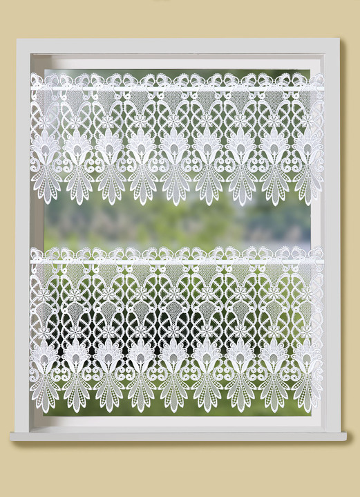 Landhaus & Küche - Kurzstore mit aufwendigem Macramé-Abschluss, in Größe 661 (H30xB 95 cm) bis 865 (H60xB200 cm), in Farbe WEISS