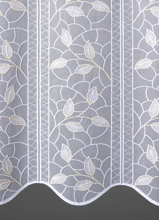Landhaus & Küche - Kurzstore mit filigran gesticktem Blätterdessin, in Größe 662 (H30xB110 cm) bis 859 (H60xB145 cm), in Farbe WEISS-SAND Ansicht 2