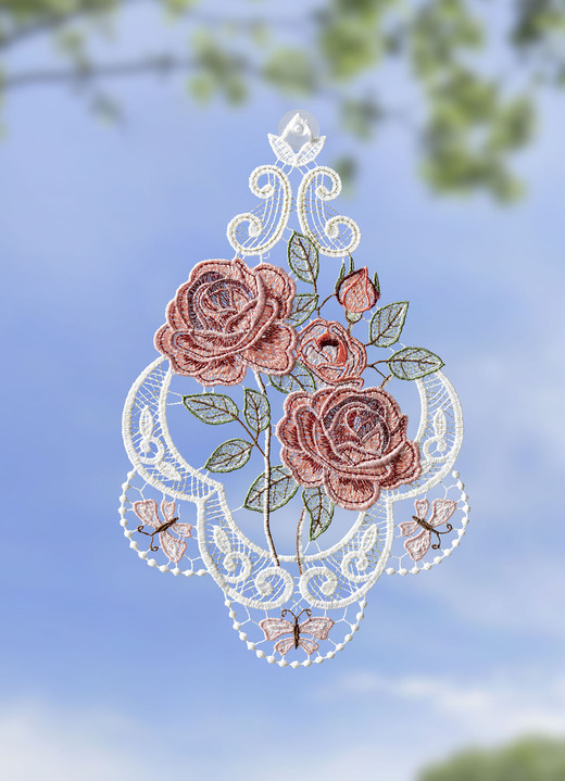 Fensterbilder - Fensterbild mit Rosenmotiv aus echter Plauener Spitze, in Farbe BUNT