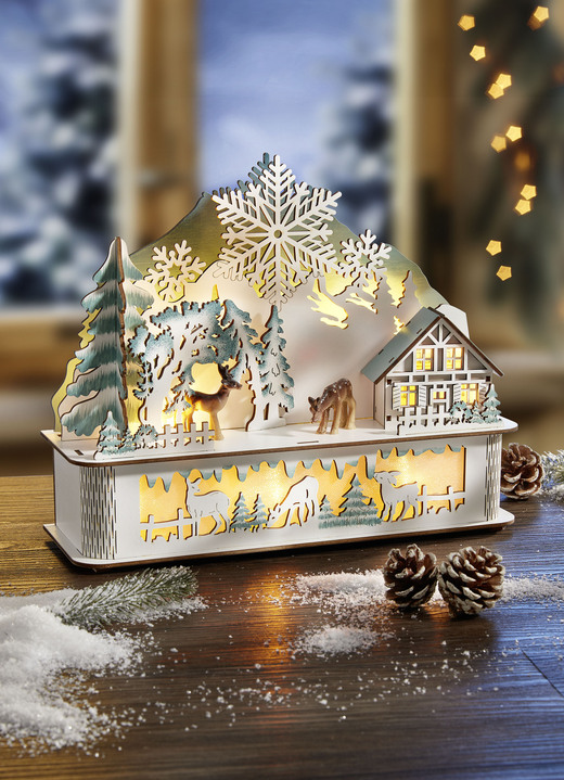 Weihnachtliche Dekorationen - Beleuchtete Holz-Dekoration, in Farbe WEISS-GRÜN-BRAUN