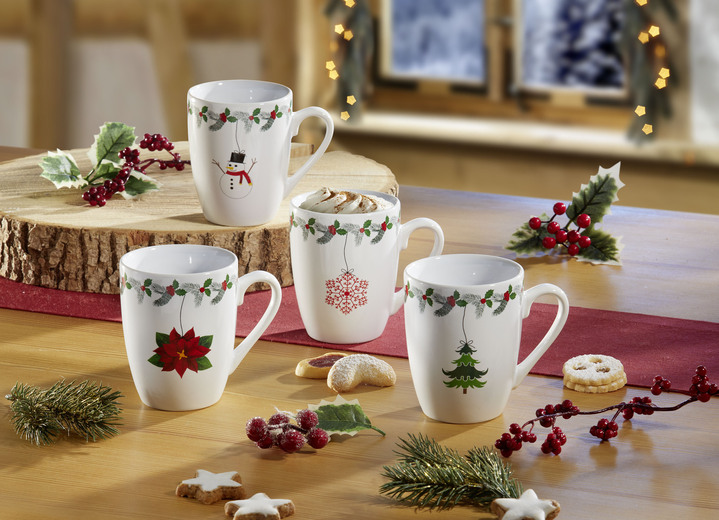 Geschenkideen - Weihnachtstassen aus Steingut, 4er-Set, in Farbe WEISS-BUNT Ansicht 2