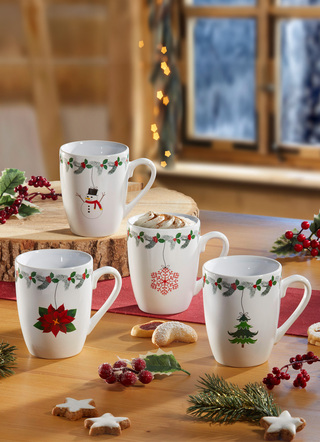 Geschenkideen - Weihnachtstassen aus Steingut, 4er-Set, in Farbe WEISS-BUNT