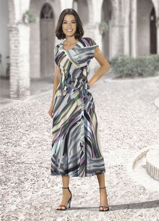 Freizeitkleider - Kleid mit raffinierter Knotentechnik, in Größe 019 bis 054, in Farbe OLIV-SAND-AUBERGINE-BUNT
