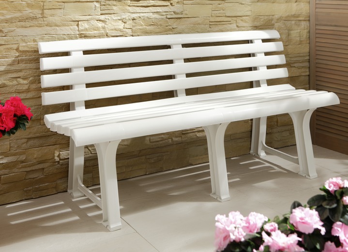 Gartenmöbel - Gemütliche Gartenbank aus Vollkunststoff, in Farbe WEISS Ansicht 1