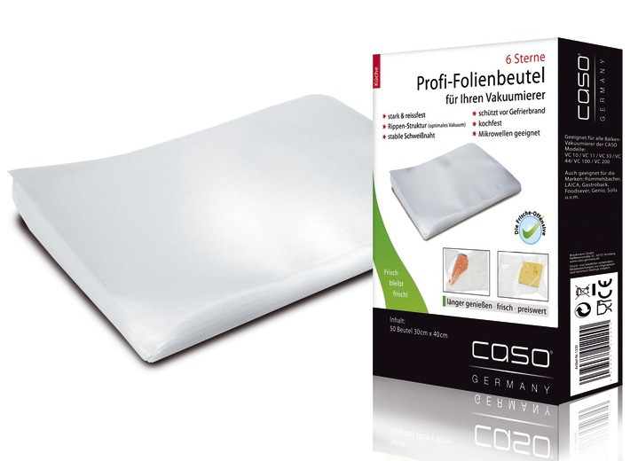 - Folienbeutel, 50 Stück, für Caso Vakuumierer, in Farbe TRANSPARENT, in Ausführung Portionsbeutel, 50 Stück (à 16x23 cm)