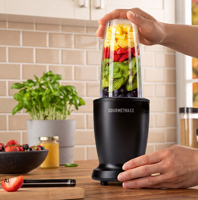 Kompakter Mixer mit frischem Obst im Mixbecher