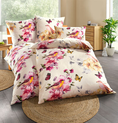Bettw&auml;sche-Garnitur mit Blumen und Tiermotiven