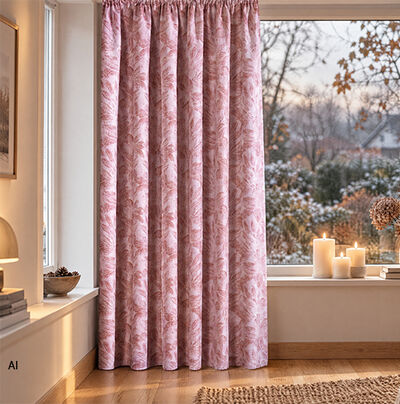 Rosafarbene Gardinen mit floralem Muster an einem gro&szlig;en Fenster in einem gem&uuml;tlichen Wohnraum