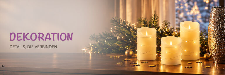 Festliche Dekoration mit leuchtenden Kerzen, Tannenzweigen, goldenen Akzenten und eleganten Vasen vor winterlicher Kulisse.