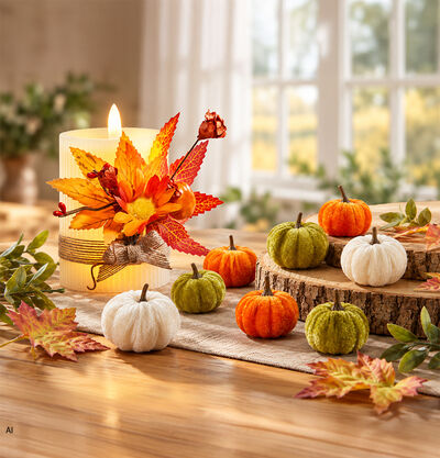 Herbstdeko mit K&uuml;rbissen, Kerze und buntem Laub