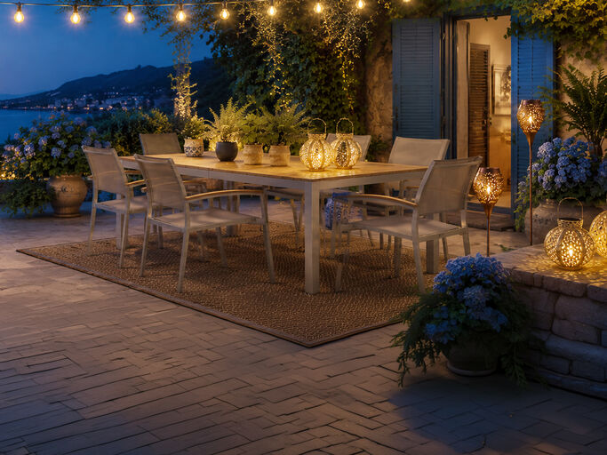 Gartentisch mit St&uuml;hlen in traumhafter Abendstimmung