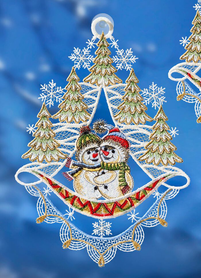 Fensterbilder Schneem&auml;nner aus echter Plauener Spitze 