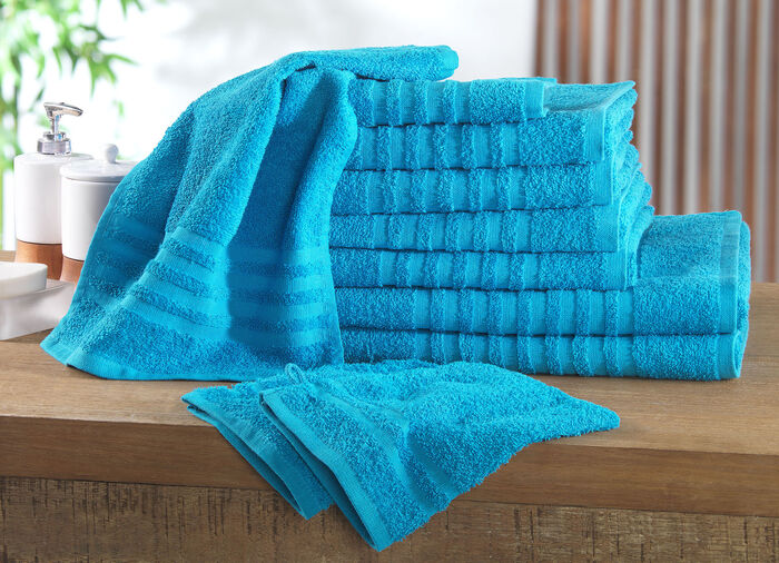 Frottier-Set, 10-teilig, mit Bordüre und Kordelaufhänger PETROL