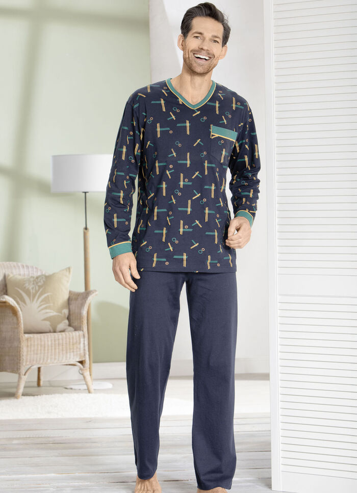 Schlafanzug mit dessiniertem Oberteil, V-Ausschnitt und Brusttasche 