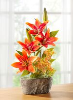 Lilien-Arrangement in Schale aus Zement 