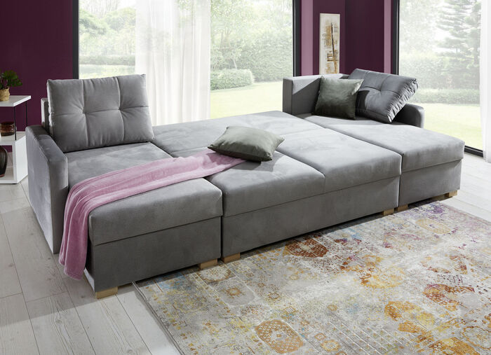 Gem&uuml;tliche Wohnlandschaft mit Bettfunktion GRAU