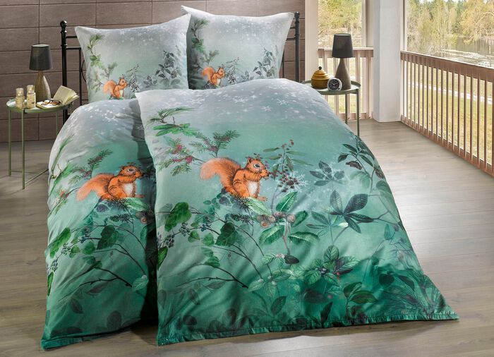 Bettw&auml;sche-Garnitur mit Eichh&ouml;rnchen-Motiv 