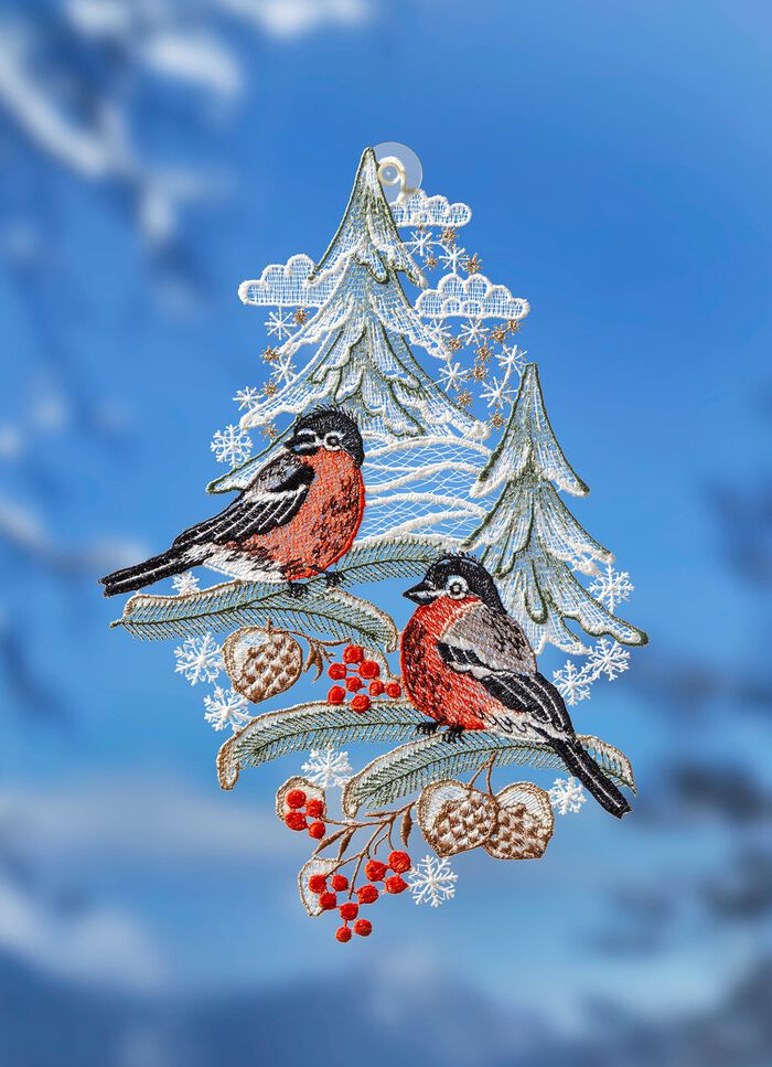 Fensterbild Gimpelpaar aus Plauener Spitze 