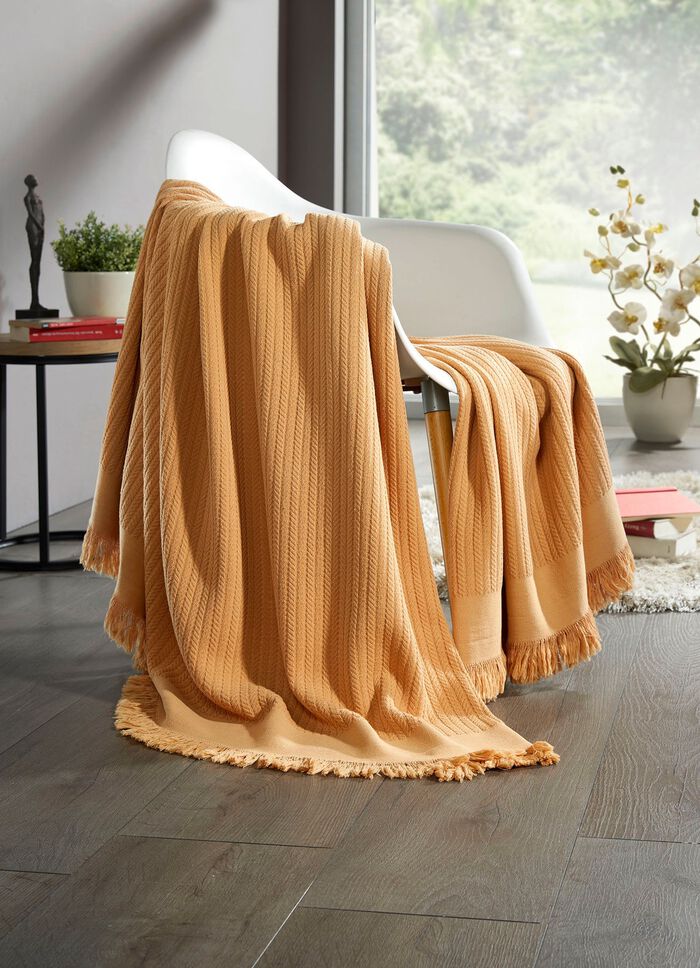 Wohndecke und Kissenbezug in toller Strickoptik GOLD