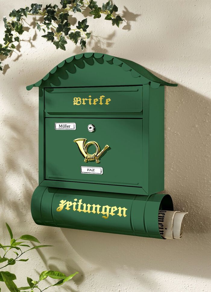 Briefkasten aus verzinktem Stahl mit Zeitungsrohr GR&Uuml;N