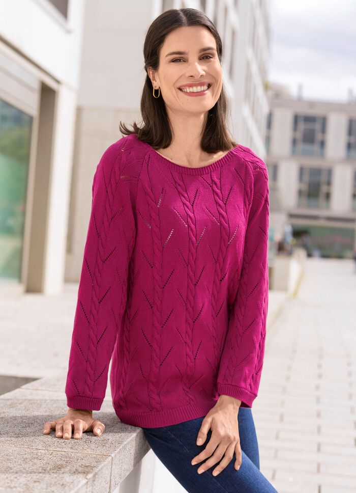 Pullover mit Zopfstrukturen und Ajourmustermix MAGENTA