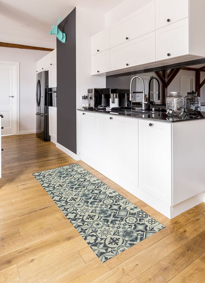 Strapazierf&auml;higer K&uuml;chenl&auml;ufer und -teppich im Fliesen-Design GRAU