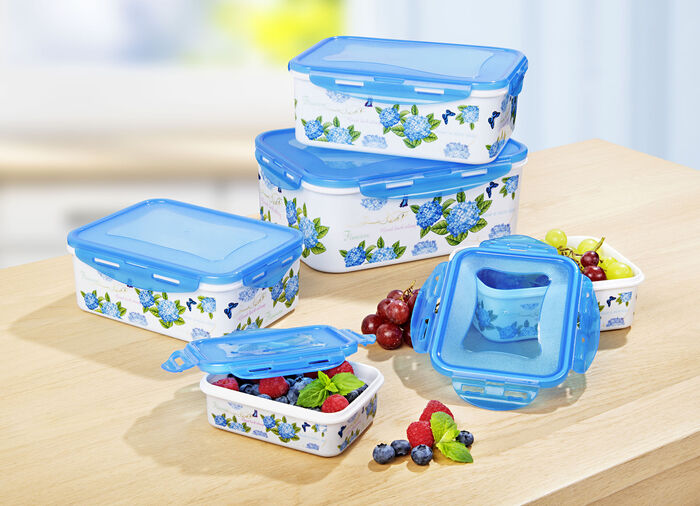 Dosen-Set eckig, 10-teilig mit schönem Hortensien-Dekor BLAU