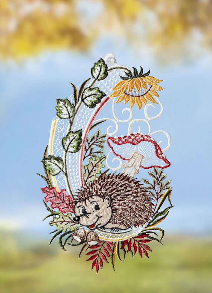 Herbstliches Fensterbild aus Plauener Spitze 