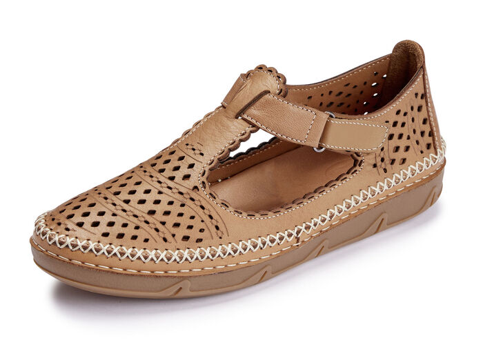 ELENA EDEN, sommerliche Damen-Slipper, Weite H, mit Klettverschluss COGNAC