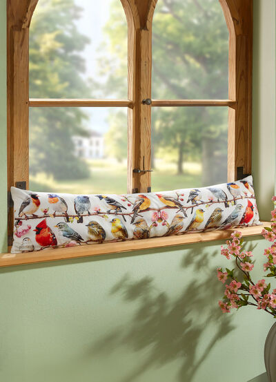 Digital bedruckte Zugluftrolle mit Vögelchen-Motiv 