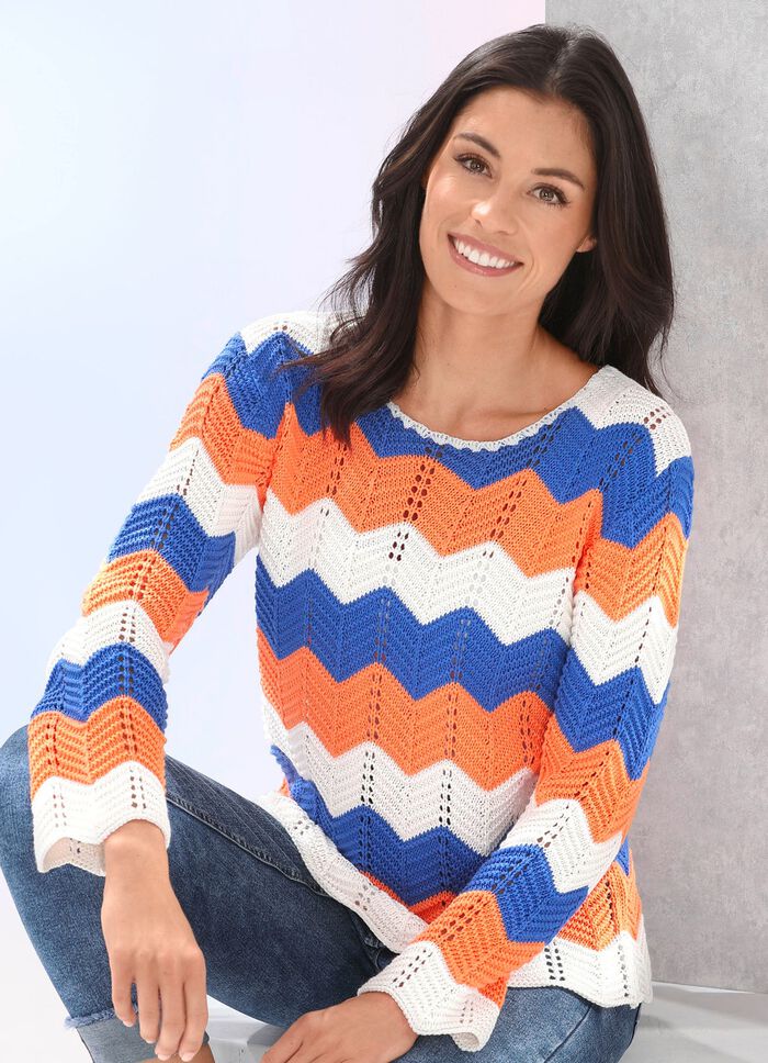 Pullover mit Zackenringeln ECRU-JEANSBLAU-APRICOT