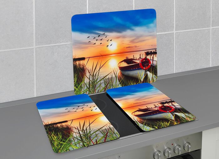 Herdabdeckplatten oder Wandblende aus Glas, Motiv Idylle am See 