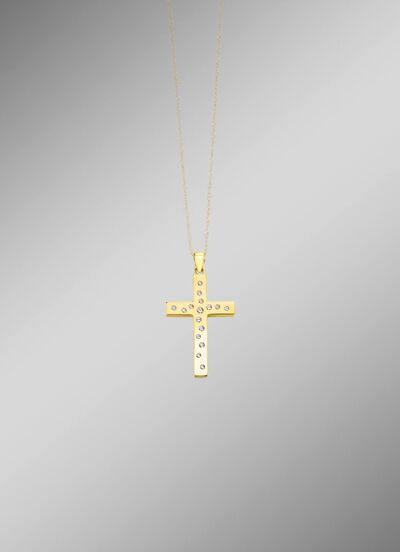 Beidseitig tragbarer Kreuz-Anh&auml;nger mit synth. Zirkonia 