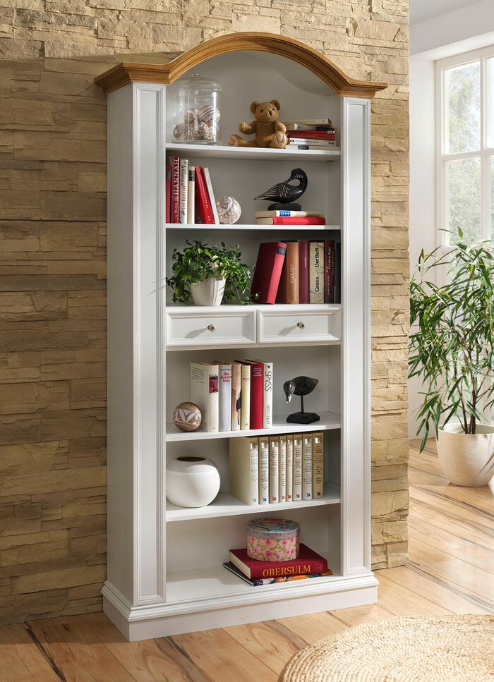 B&uuml;cherregal mit Griffen aus Metall und Keramik WEISS-NATUR