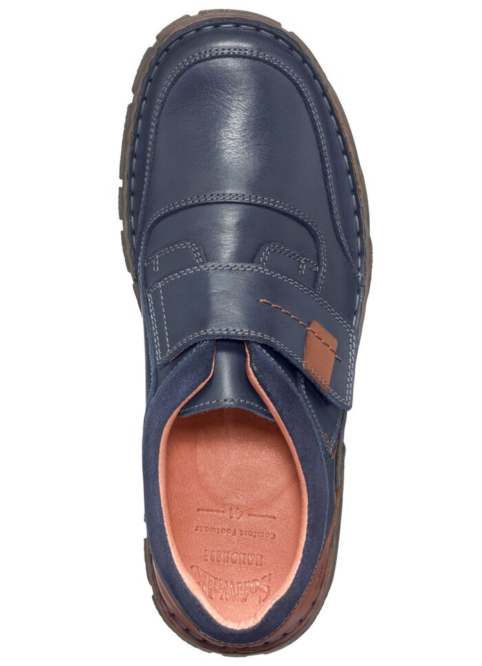 Klett-Slipper mit Kontrast-Eins&auml;tzen BLAU-COGNAC