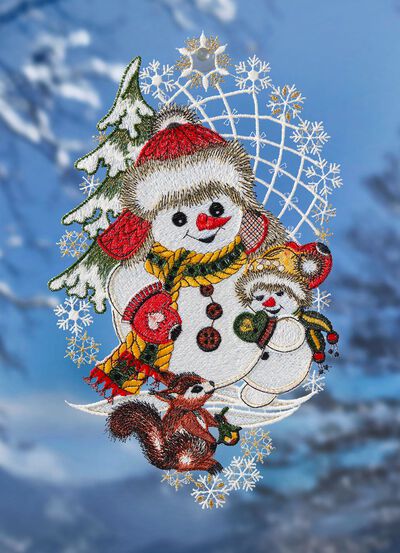 Fensterbild Schneem&auml;nner und Eichh&ouml;rnchen 