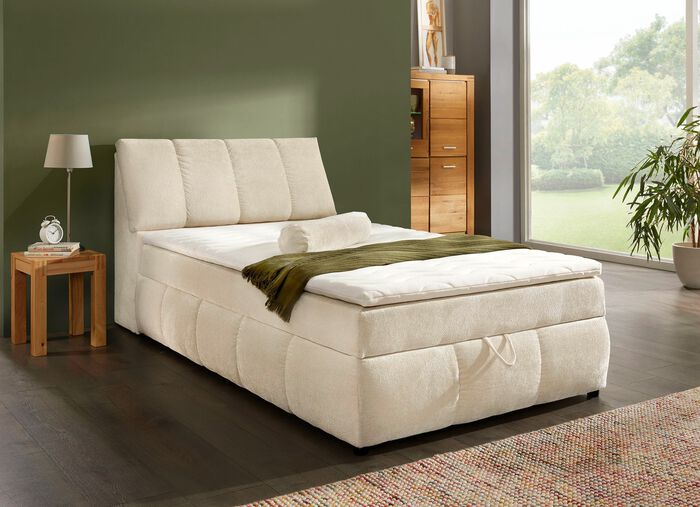 Boxspringbett mit Stauraum im Kopfteil und Bettkasten CREME