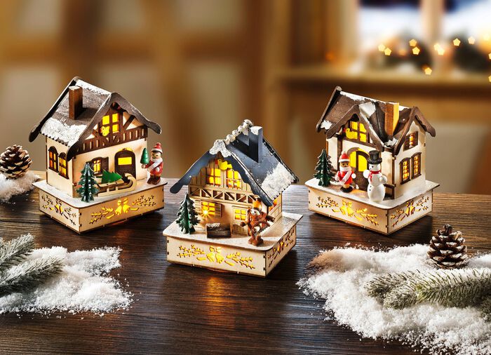 Winterh&auml;uschen aus Holz mit LED-Beleuchtung 